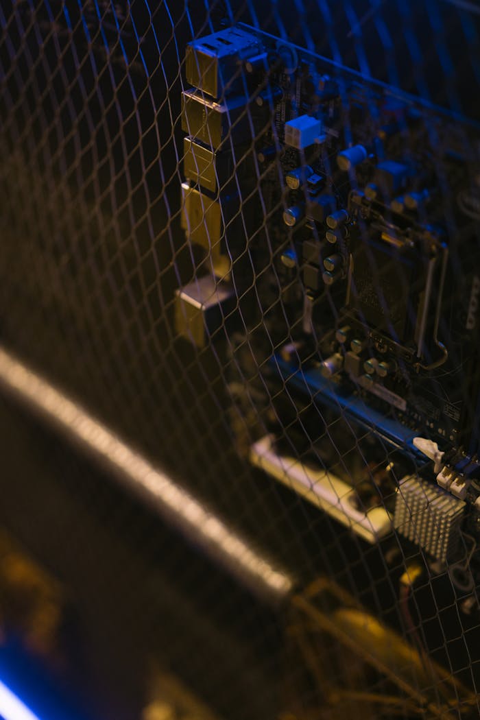 gallery-3 Intriguing close-up of a circuit board partially obscured by wire mesh with artistic lighting.